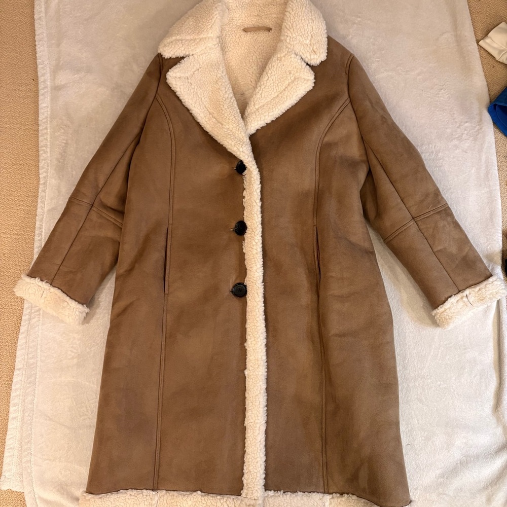 Boden Bell Teddy Tan Faux Suede Faux Shearling Lined and Trimmed Long Coat Sz 16 - Picture 5 of 14